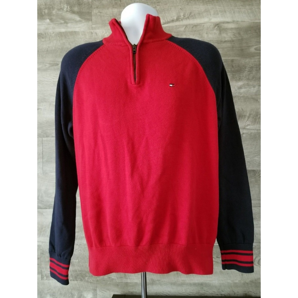 TOMMY HILFIGER RED/BLUE PULLOVER SWEATER 9" ZIPPER